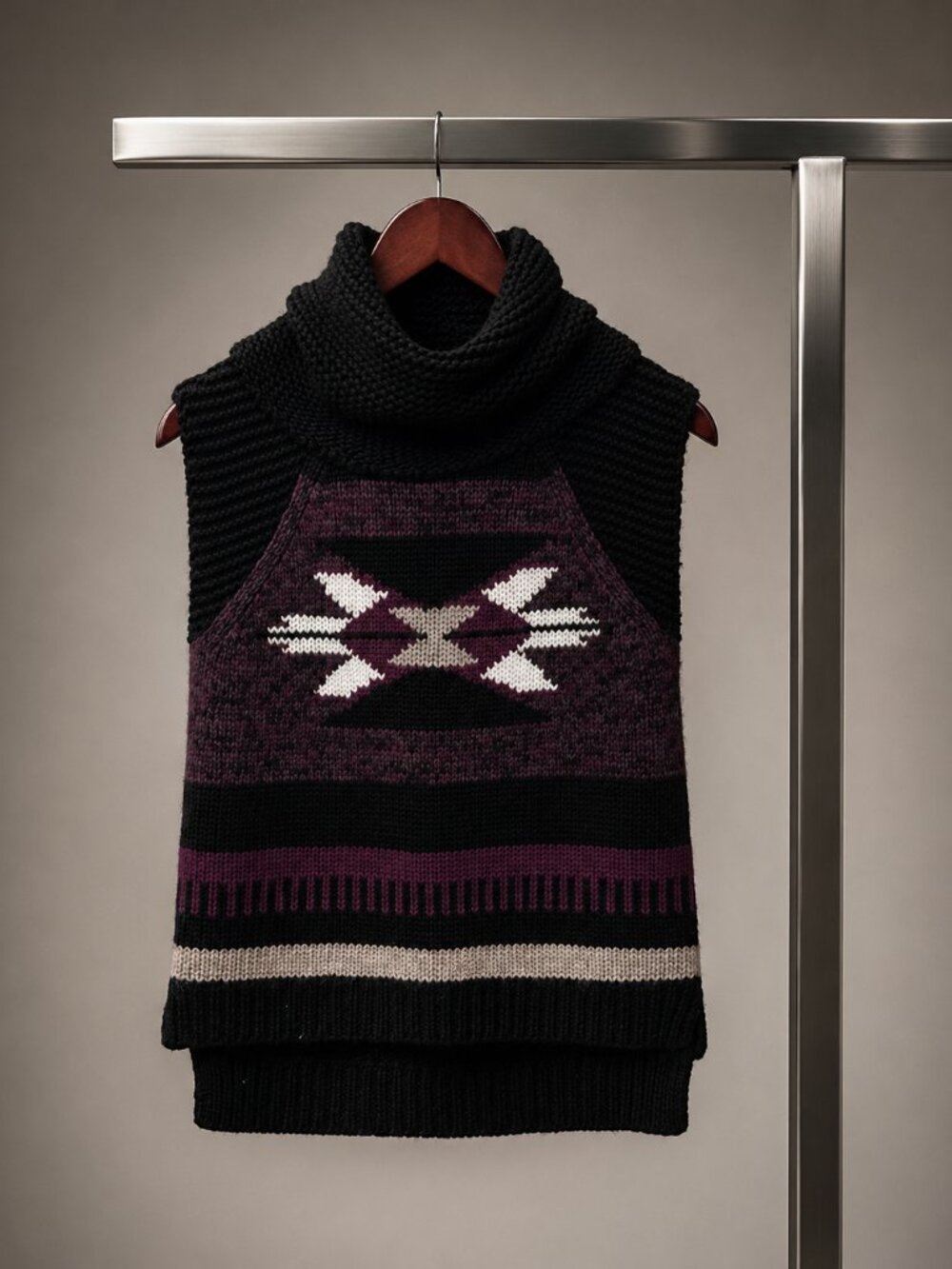 Autumn Cashmere Southwestern Cowl Neck Sleeveless Sweater Vest Black Purple XS